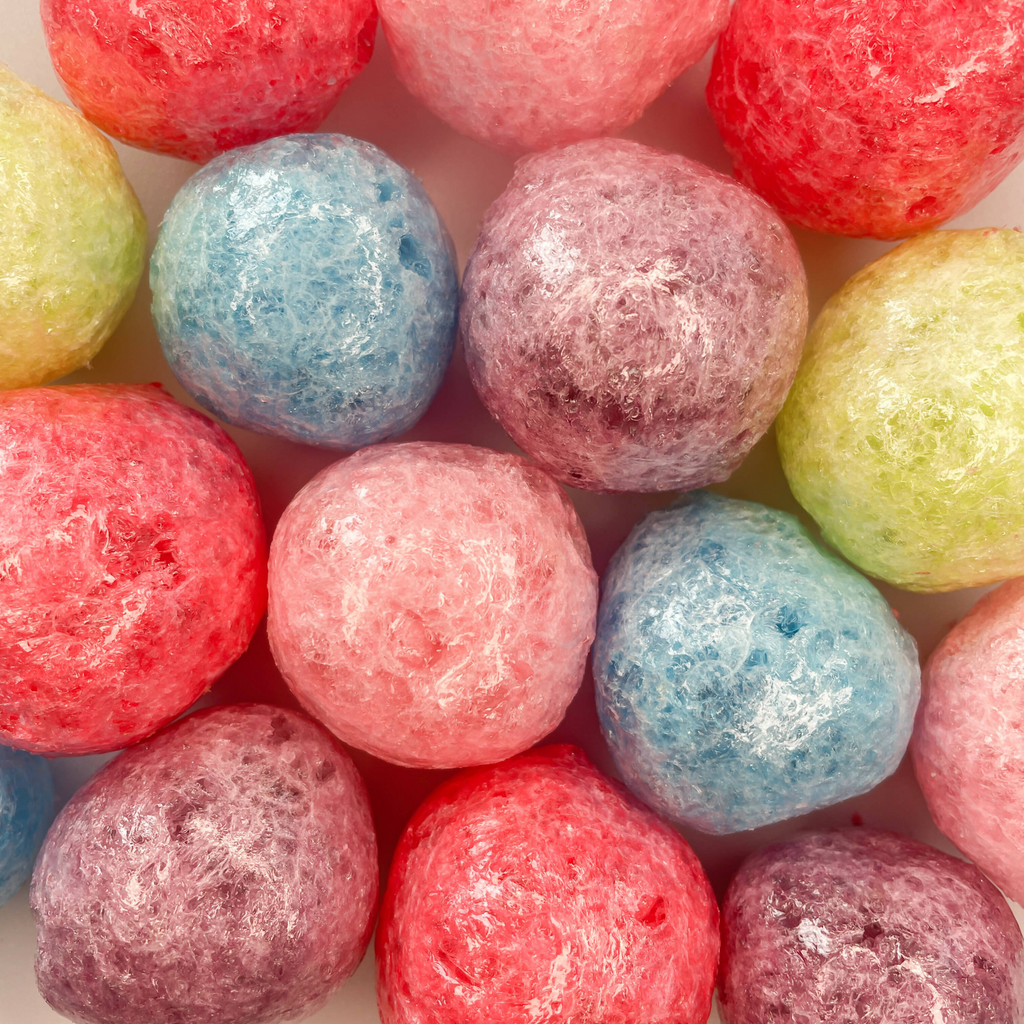 Close-up of freeze-dried jolly ranchers in a variety of flavors