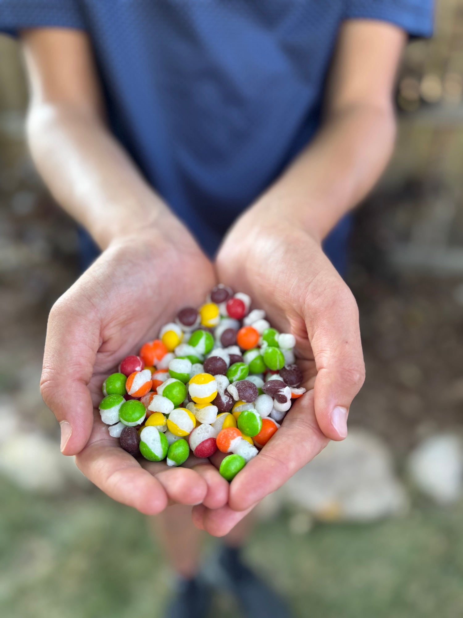 Lone Tree Colorado Freeze Dried Candy busniess co-ounder holding colorful candy in his hands with a blurred background
